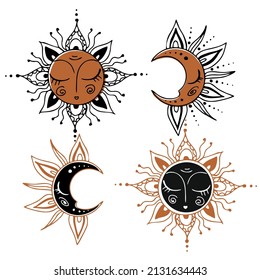 El sol y la luna. Esotérico. Astrología. Espacio. Vector.