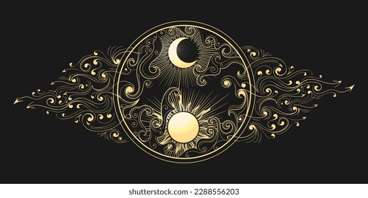 Ilustración Esotérica de Sol y Luna Aislada en Negro. Ilustración del vector