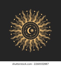 Sun and moon esoteric occult sign. Vector astrological amulet, pentagram, magic tarot sign with solar and crescent. Spiritual astrological talisman or mason emblem, isolated symbol for occultism