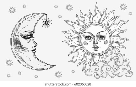 Sun and moon with face, cloud and stars. Stylized as engraving. For print for T-shirts and bags, decor element. Day and night. Hand drawn astrology symbol. Vector