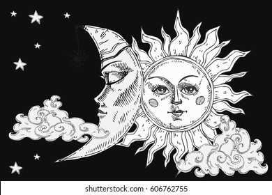 Sun and moon with face, cloud and stars. Stylized as engraving. For print for T-shirts and bags, decor element. Day and night. Hand drawn astrology symbol. Vector