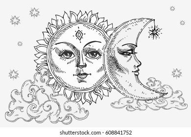 Sun and moon with face, cloud and stars. Stylized as engraving. For print for T-shirts and bags, decor element. Day and night. Hand drawn astrology symbol. Vector