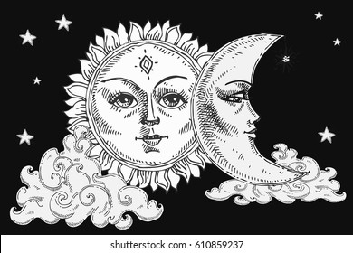 Sun and moon with face, cloud and stars. Stylized as engraving. For print for T-shirts and bags, decor element. Day and night. Hand drawn astrology symbol. Vector