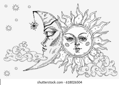 Sun and moon with face, cloud and stars. Stylized as engraving. For print for T-shirts and bags, decor element. Day and night. Hand drawn astrology symbol. Vector