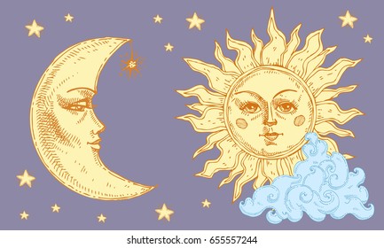 Sun and moon with face, cloud and stars. Stylized as engraving. For print for T-shirts and bags, decor element. Day and night. Hand drawn astrology symbol. Vector