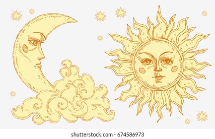 Sun and moon with face, cloud and stars. Stylized as engraving. For print for T-shirts and bags, decor element. Day and night. Hand drawn astrology symbol. Vector