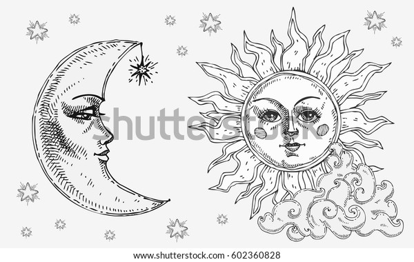 Sun Moon Face Cloud Stars Stylized Stock Vector (Royalty Free) 602360828