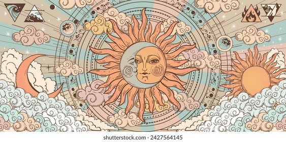 Sun and moon with face, color vintage mystical astrology poster of the structure of the universe, tarot banner, linear retro drawing of the zodiac, horoscope. Vector illustration.