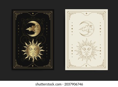 Sun and moon face in engraving, luxury, esoteric, boho style. Suitable for spiritualists, psychics, tarot, fortune tellers, astrologers and tattoo