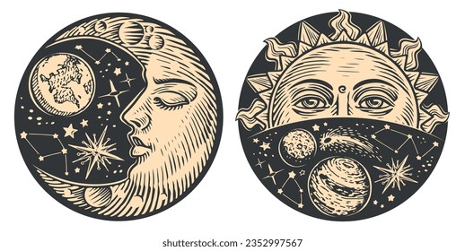 Sun and Moon with face engraving style drawing. Day and night. Hand drawn vector illustration astrology concept