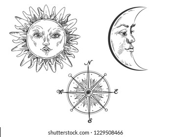 Sun and moon with face engraving vector illustration. Scratch board style imitation. Hand drawn image.