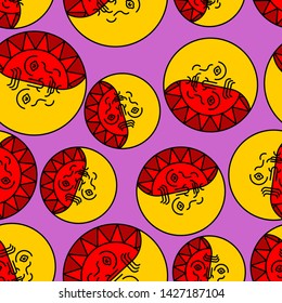 Sun and moon face folk pattern seamless. Pagan background Vector