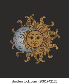 sun and moon with face hand drawn vector illustration