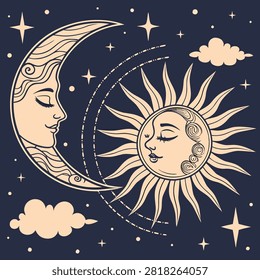 Sun and Moon Face Illustration in Celestial Night Sky With Stars and Decorative Elements