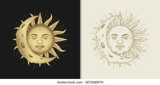 Sun and moon face luxury gold hand drawn engraving style vector illustration.