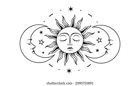 Sun and moon with face stylized as engraving.  Hand drawn Vector astrology symbol