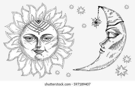 Sun and moon with face stylized as engraving. Can be used as print for T-shirts and bags, decor element. Day and night. Hand drawn Vector astrology symbol