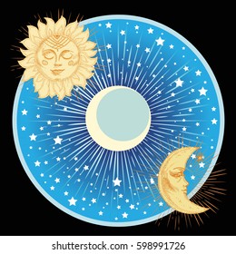 Sun and moon with face stylized as engraving. Can be used as print for T-shirts and bags, decor element. Day and night. Hand drawn Vector astrology symbol