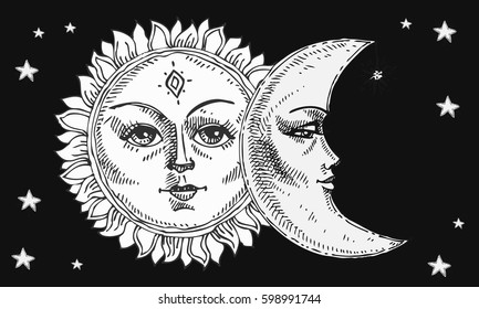 Sun Moon Face Stylized Engraving Can Stock Vector (Royalty Free ...