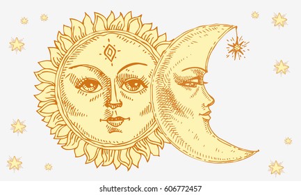 Sun and moon with face stylized as engraving. Can be used as print for T-shirts and bags, decor element. Day and night. Hand drawn Vector astrology symbol