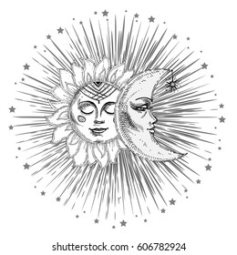 Sun and moon with face stylized as engraving. Can be used as print for T-shirts and bags, decor element. Day and night. Hand drawn Vector astrology symbol