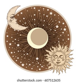 Sun and moon with face stylized as engraving. Can be used as print for T-shirts and bags, decor element. Day and night. Hand drawn Vector astrology symbol