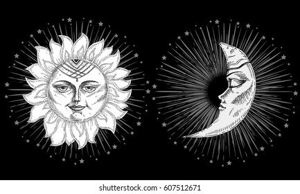 Sun and moon with face stylized as engraving. Can be used as print for T-shirts and bags, decor element. Day and night. Hand drawn Vector astrology symbol