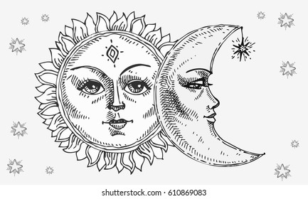 Sun and moon with face stylized as engraving. Can be used as print for T-shirts and bags, decor element. Day and night. Hand drawn Vector astrology symbol