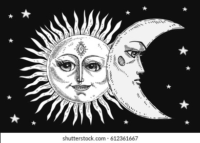 Sun and moon with face stylized as engraving. Can be used as print for T-shirts and bags, decor element. Day and night. Hand drawn Vector astrology symbol