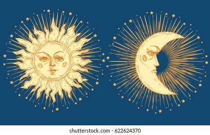 Sun and moon with face stylized as engraving. Can be used as print for T-shirts and bags, decor element. Day and night. Hand drawn Vector astrology symbol