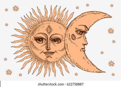 Sun and moon with face stylized as engraving. Can be used as print for T-shirts and bags, decor element. Day and night. Hand drawn Vector astrology symbol