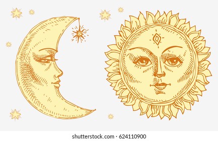 Sun and moon with face stylized as engraving. Can be used as print for T-shirts and bags, decor element. Day and night. Hand drawn Vector astrology symbol