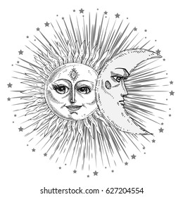 Sun and moon with face stylized as engraving. Can be used as print for T-shirts and bags, decor element. Day and night. Hand drawn Vector astrology symbol