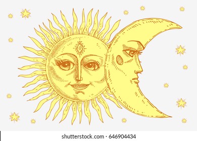 Sun and moon with face stylized as engraving. Can be used as print for T-shirts and bags, decor element. Day and night. Hand drawn Vector astrology symbol