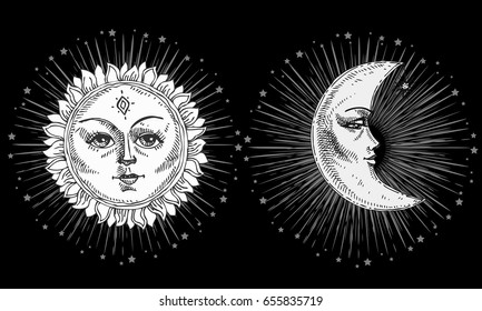 Sun and moon with face stylized as engraving. Can be used as print for T-shirts and bags, decor element. Day and night. Hand drawn Vector astrology symbol
