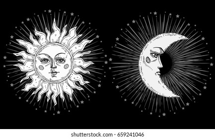 Sun and moon with face stylized as engraving. Can be used as print for T-shirts and bags, decor element. Day and night. Hand drawn Vector astrology symbol