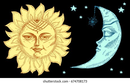 Sun and moon with face stylized as engraving. Can be used as print for T-shirts and bags, decor element. Day and night. Hand drawn Vector astrology symbol