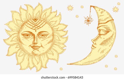Sun and moon with face stylized as engraving. Can be used as print for T-shirts and bags, decor element. Day and night. Hand drawn Vector astrology symbol