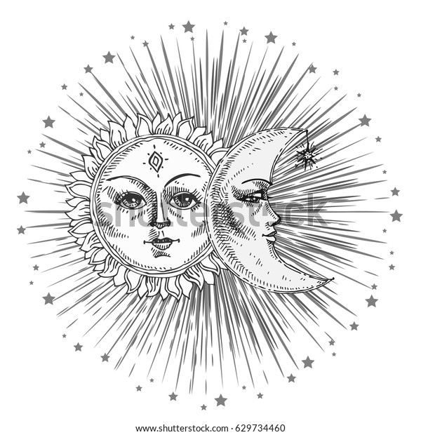 Sun Moon Face Stylized Engraving Can Stock Vector (Royalty Free) 629734460