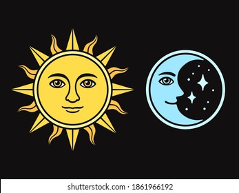 Sun and moon with face, vintage style drawing on black background. Isolated vector illustration of antique celestial symbols.