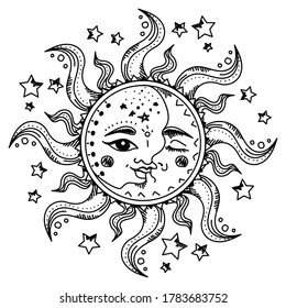 Sun and moon with faces among the stars vector isolated. Mystic alchemy and astrology symbol. Spiritual esoteric drawing. Hand drawn solar sign with rays. Black line art style.