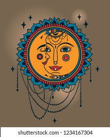 Sun and moon faces and jewels, boho style vector illustration