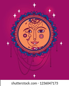 Sun and moon faces and jewels, funky palette, boho style vector illustration