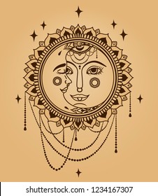 Sun and moon faces and jewels, old fashioned colors, boho style vector illustration