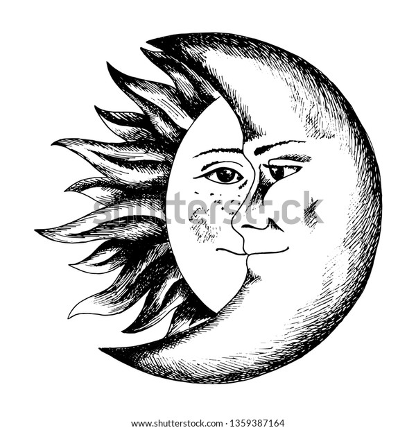 Sun Moon Faces Sketch Medieval Engraving Stock Vector (Royalty Free ...