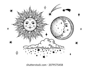 
Sun and Moon with faces. Vector set for astrology, magical celestial alchemy. Celestial drawings for the zodiac, tarot. Crescent moon, clouds, sun and stars on a white background