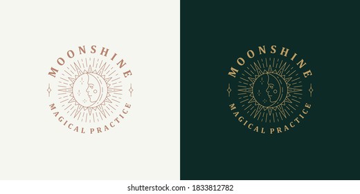 Sun and moon with female face logo template linear vector illustration. Crescent moon and woman face mythology symbol outline style. Good for magic logotype emblem or esoteric brand.