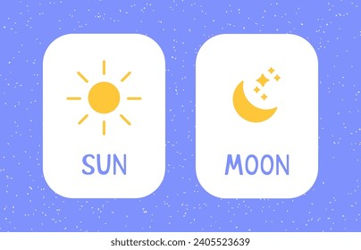 Sun and moon flash cards illustration. Cute hand drawn weather kawaii vector for children. Weather words lettering