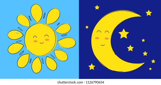 Sun and moon flat icon. Sweet cartoon. Shine sun and moon. Night and morning.