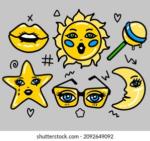 Sun, moon, glasses, candy, lips, Star. A set of fancy yellow elements. Funny stickers for kids. T shirt design, scrapbooking, cut out the file. Bundle Vector illustrations